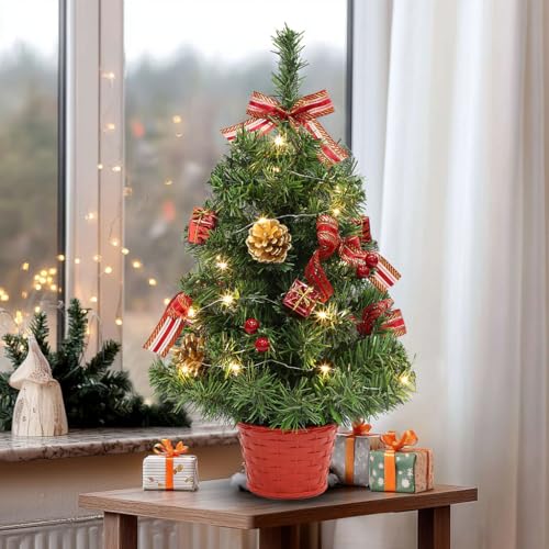 2PACK GRANDEAL 20 Inch Lighted Tabletop Mini Christmas Tree with Timer Artificial Small Christmas Tree with Lights Ornaments Bows Gifts Pinecones Basket Base Christmas Decorations Office Home Decor