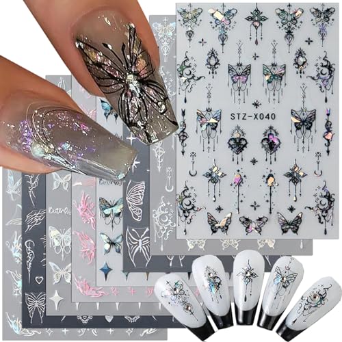 8pcs Metallic Silver Butterfly Nail Stickers 3D Laser Black Butterfly Nail Decals Aurora Butterfly Nail Art Stickers Pink Butterfly Stickers for Nails DIY Butterflies Nail Sticker Women Nail Supplies