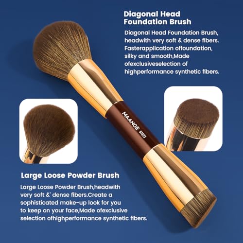 MAANGE 7pcs Makeup Brush Set Double Sided Kabuki Makeup Brushes Contour Brush for Foundation Liquid Powder Concealer Cream Cosmetics Bronzer Blending Blush Buffing Makeup Tools (Coffee Gold)