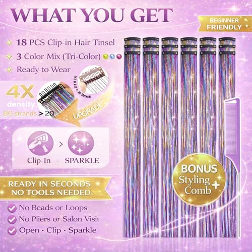 Black Hair Tinsel Clips - 18 Pcs Glitter Extensions for Parties