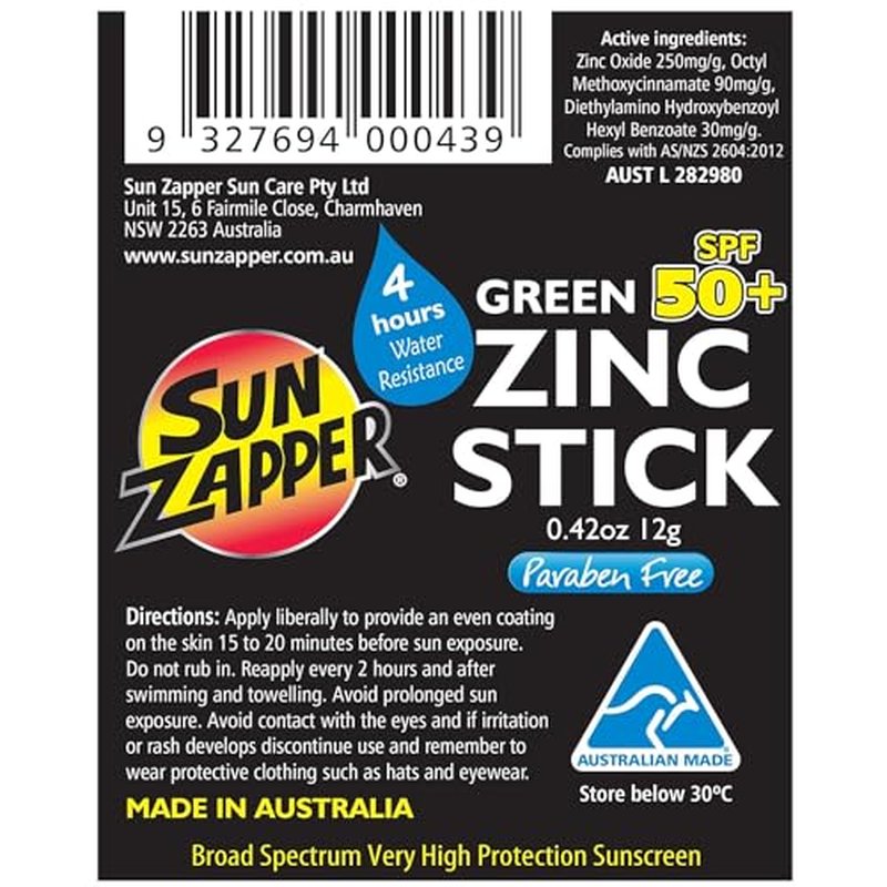 Sun Zapper Zinc Oxide Sunscreen Stick SPF 50+ Green ? Colored Mineral Sunscreen Stick for Face, Water Resistant Sunblock for Kids and Adults, Broad Spectrum, Travel Size 12g (0.42 oz), Australian Made