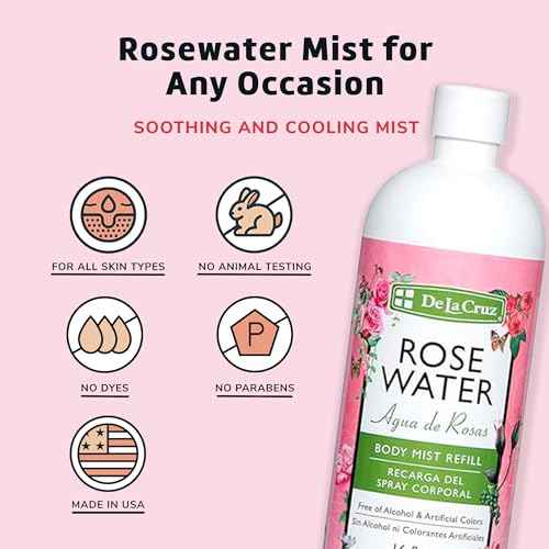 De La Cruz Pure Rose Water Body Mist,Rosewater Spray for Face, Skin & Hair, Rose Toner & Rose Water for Hair Alcohol Free, Paraben Free 16 fl oz (1 Bottle)
