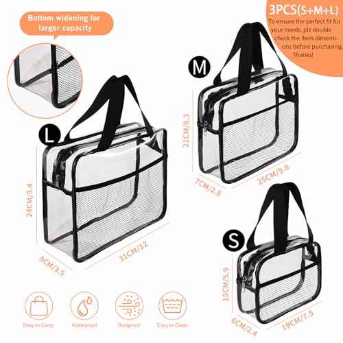 XEWEA Large Small Clear Travel Toiletry Bags with Handles & Pocket for Men Women, 3PCS TSA Approved Transparent Makeup Bag,Waterproof PVC Quart Organizer with Zipper for Toiletries Airline Essentials