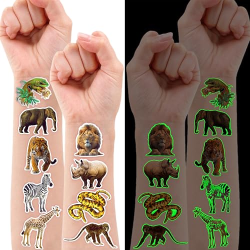 96 Glow in Dark Jungle Animal Temporary Tattoos Party Favors