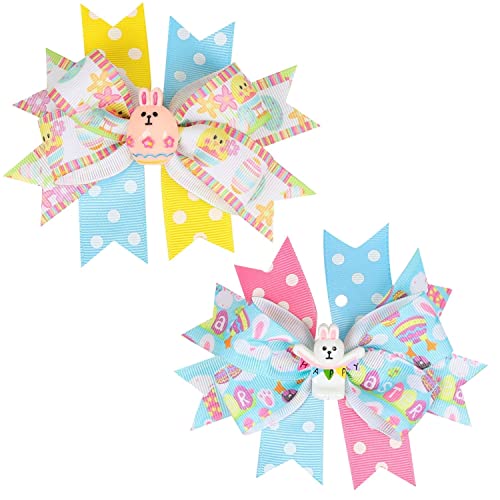 2 Packs Easter Bunny Hair Clips Hair Bow Clips with Cartoon Bunny and Eggs Hair Bows Boutique Grosgrain Ribbon Hair Pins Lovely Easter Rabbit Egg Pattern Hair Accessories for Kids Girl