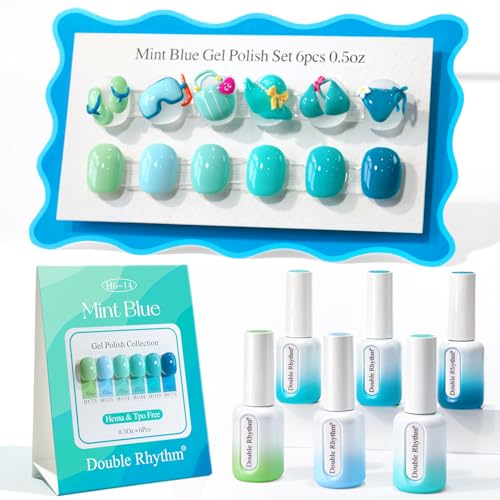 Double Rhythm Gel Nail Polish Set - 6pcs Pale Green Mint Blue Teal, 0.5oz, Soak Off, Natural & Non-Toxic