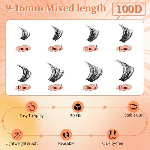 Fluffy Eyelash Extension Kit 100D 288pcs Volume Lash Clusters Kit 9-16mm D Curl Individual Lashes Clusters DIY Lash Extension Kit Clusters Lash with Bond and Remover Lash Applicator by TMIELYBS