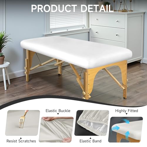 PU Leather Massage Table Cover Wipeable Vinyl Massage Table Cover Waterproof & Oilproof Lash Bed Covers Fitted 32" Wide (Pure White, 1 PCS)