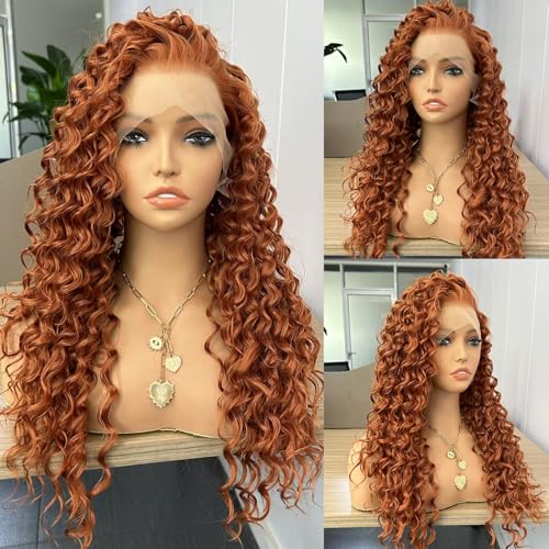 RONGDUOYI Ginger Long Curly Lace Wig Synthetic Frontal Lace Wigs with Free Part Heat Friendly Synthetic Lace Front Wigs for Women Princess Merida Cosplay Wig 26Inch