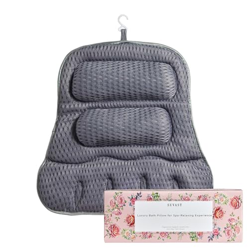 Luxury Bath Pillow for Tub, Dual Headrest & Back Support, 4D Air Mesh Quick-Dry Cushion, 10 Strong Suction Cups, Extra-Large Spa Bathtub Pillow Gift for Women(Grey)