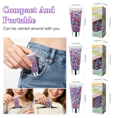 3-Pack Patriotic Body Glitter Stick, Red White Blue Self-Adhesive Makeup