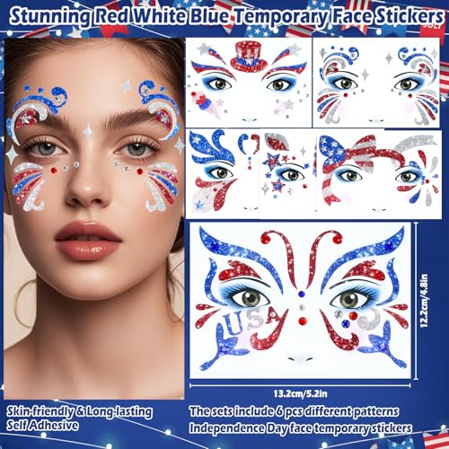 Yosca 6Pc Red White Blue Glitter Temporary Tattoos 4th July