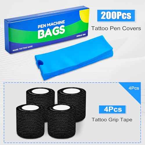 Tattoo Machine Covers with Tape Wrap, 200Pcs Large Pen Bags and 4Pcs Grip Wrap, Tattoo Machine Wrap Covers Pen Sleeves Combination Supplies