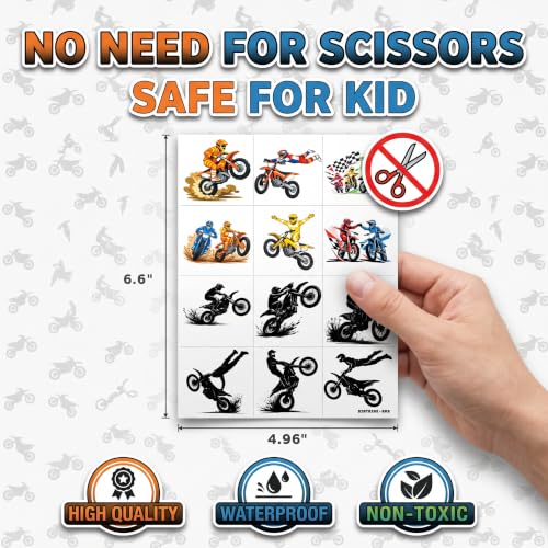 Dirt Bike Temporary Tattoos for Kids - 60 Pre-Cut Motocross Designs