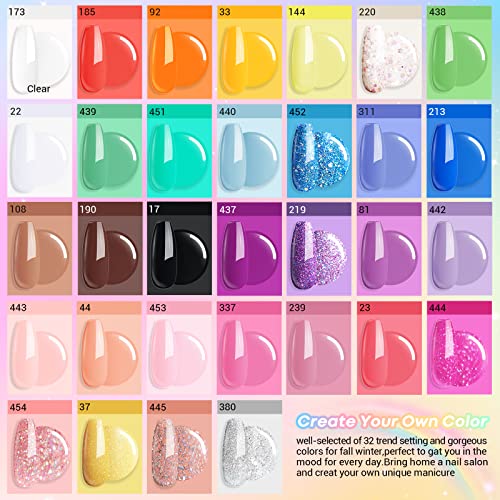 AZUREBEAUTY 42Pcs Dip Powder Nail Kit Starter, 32 Colors Spring Rainbow Bright Pink Red Green Acrylic Dipping Powder Set with Top/Base Coat Activator for French Art Manicure DIY Salon Gift