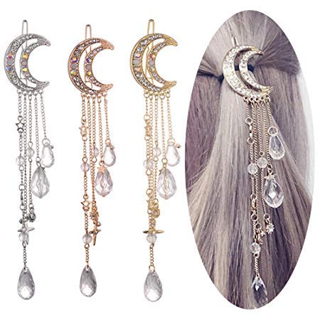 Romantic Crescent Moon Star Crystal Dangle Hairpin Rhinestone Beads Hair Clips Bridal Jewelry Tassel Drop Hair Pins Bobby Pins For Women Girls Hair Accessories (Rose Gold)