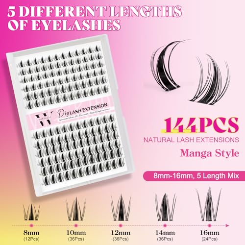 Manga Eyelash Clusters 144pcs D-Curl 8-16mm DIY