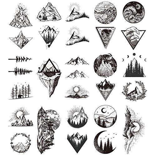 Ooopsiun 20 Sheets Black Mountain Temporary Tattoos for Adult Men Women, Waterproof Fake Tattoos Body Art Sticker for Hand Neck Wrist Arm
