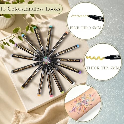 IJIANG 15 Metallic Glitter Tattoo Markers - Skin-Safe & Washable