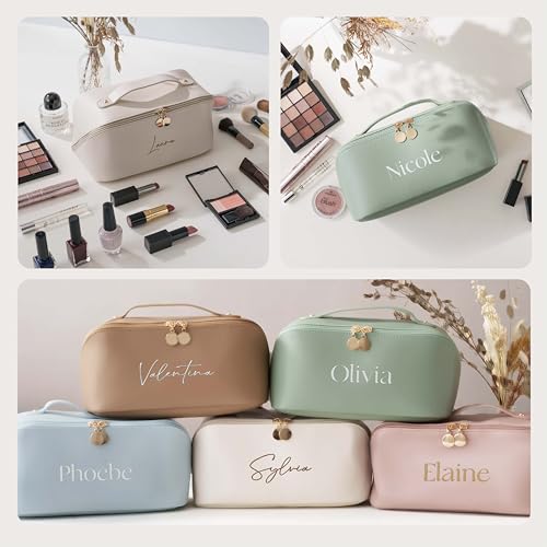 Personalized Large Makeup Bag - Embroidered Blue PU Leather