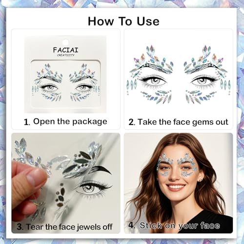 Face Jewels Gems Rhinestone Stickers - 12 Sets Self-Adhesive