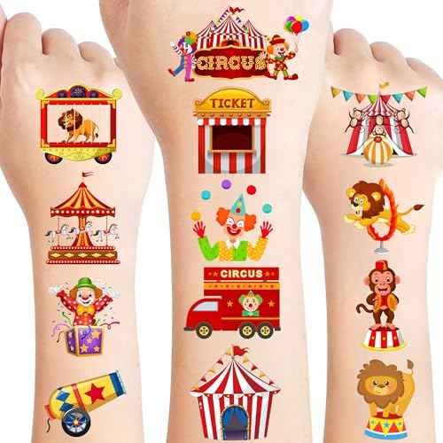 50 PCS Carnival Circus Temporary Tattoos for Kids, Circus Themed Tattoos for Birthday Party Supplies Funny Clown Tattoo Stickers for Kids Boys Girls Party Bag Filler