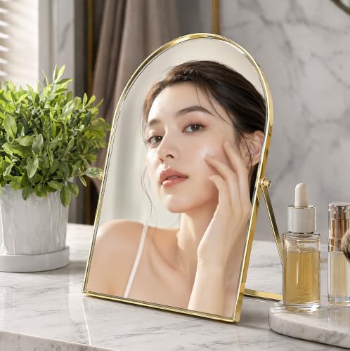 Gold Arched Makeup Mirror with 360° Stand, 12x9 Inch