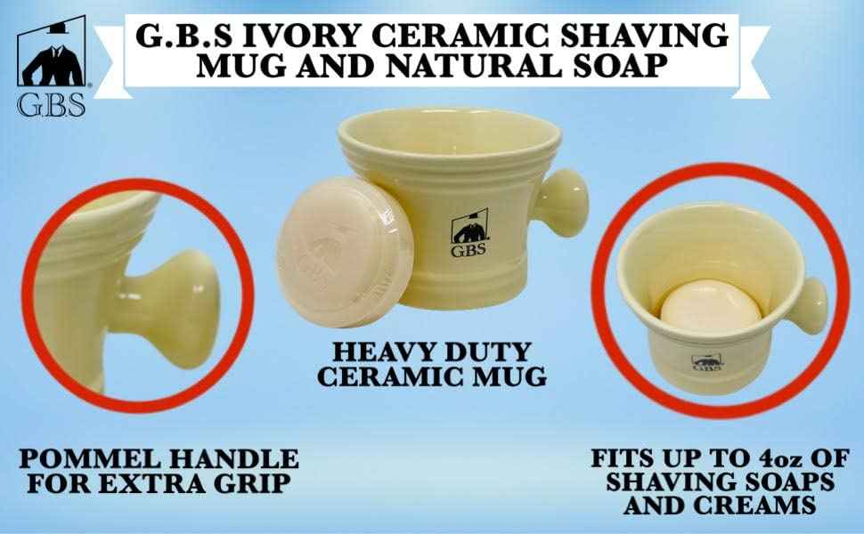 G.B.S Heavy Duty Ceramic Ivory Shaving Mug with Knob Handle and Natural Soap