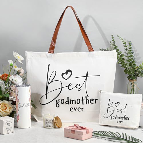 Domensi 4 Pack Godmother Proposal Gifts Set Mother Day Included 20oz Stainless Steel Tumbler Cup with Straw and Lid Best Godmother Ever Gift Tote Bag Makeup Bag Scented Candle Mom Gifts(Pink)