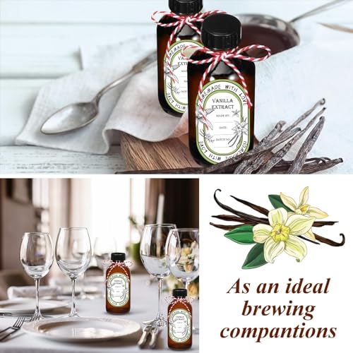 12 Pack 2 oz Vanilla Extract Bottles with Black Poly Cone Caps and 12 Pcs Vanilla Extract Stickers, 60ml Boston Round Sample Bottles for Homemade Vanilla Extract, Essential Oils, Herbal Medicine (2oz)