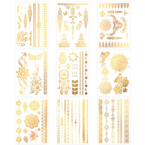 Konsait 9 Sheet Metallic Temporary Tattoos Gold Floral