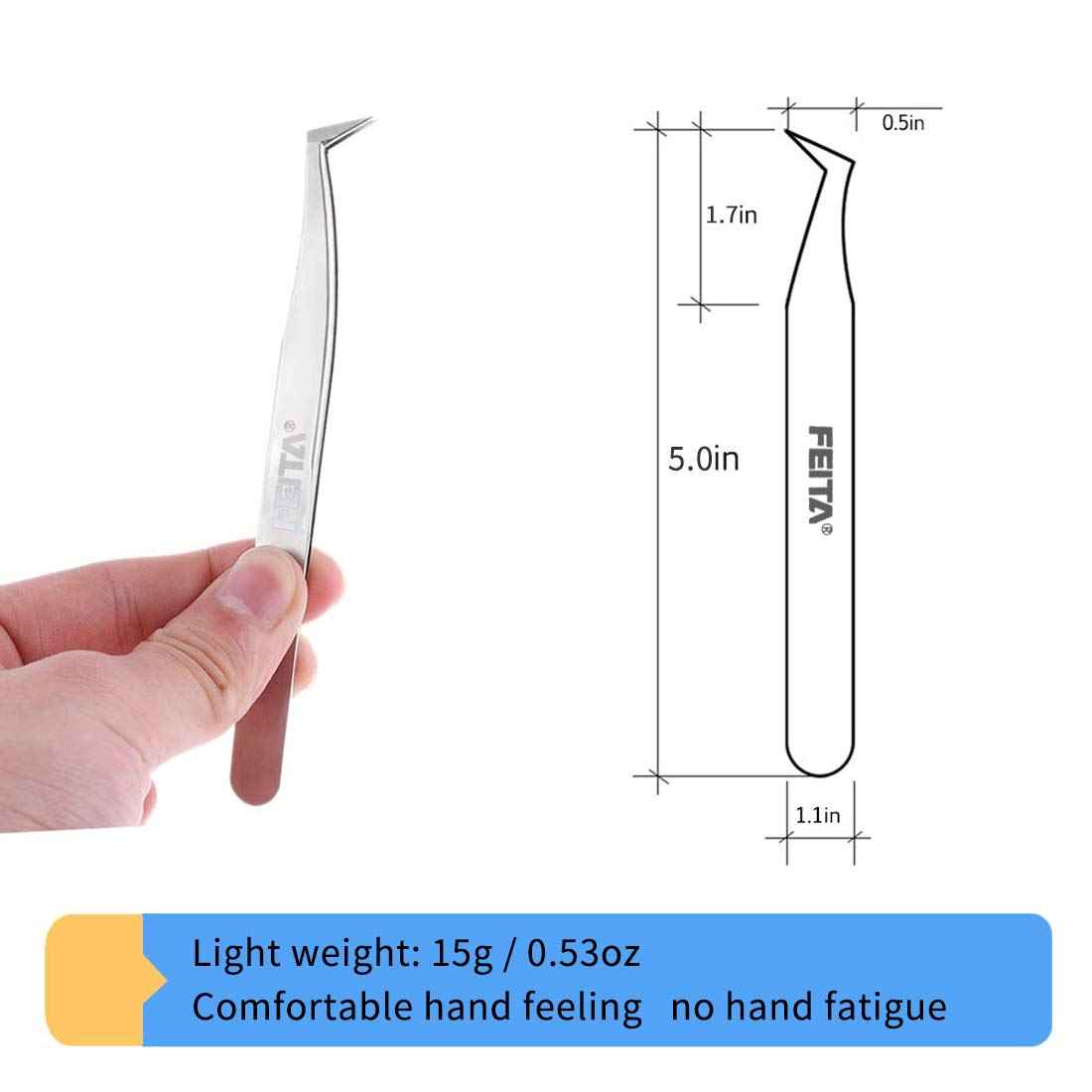 Volume Eyelash Extension Tweezer - FEITA Professional Angled Curved Pointed L-Shaped Precision Tweezers for 3D 4D 6D Lashes Extension - Silver