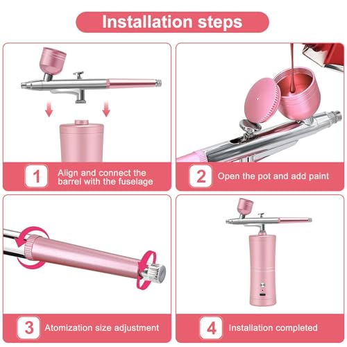 Portable Airbrush Kit with Compressor, Rechargeable, Pink