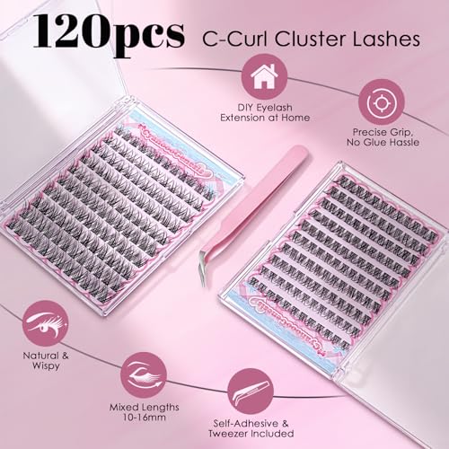 Self-Adhesive Cluster Lashes 120Pcs 10-16mm C-Curl Pre Glued
