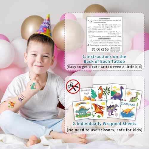 Partywind Dinosaur Kids Tattoos for Party Supplies, Individually Wrapped Cut Tattoos for Dinosaur Birthday Party Decorations Favors, Goodie Bag Stuffers Toys for Boys and Girls (50 Styles)