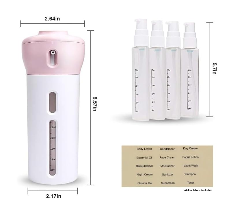 Travigo 4-in-1 Travel Dispenser Bottle (Pink) – 4 x 1.4 oz TSA Approved, Leak-Proof