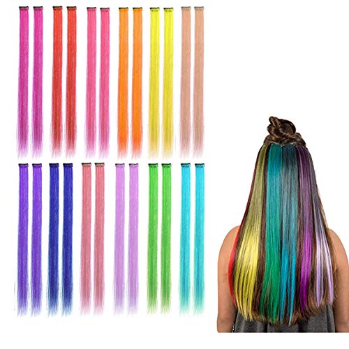 Kyerivs Colored Clip in Hair Extensions for Girls 24PCS 20Inch Rainbow Hairpieces Easter Basket Stuffer for Girls Party Highlights Colorful Hair Accessories Temporary Hair Color for Kids Women