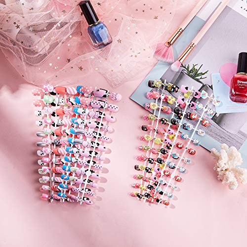 240 Pieces 12 Sets Press on Nails for Kids Girls Fake Nails Artificial False Fingernail Pre-glue Full Cover Cartoon Gradient Short Nail Tip for Girls Kids Nail Decoration (Animal Pattern)