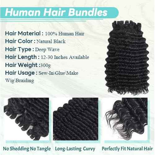 12A Bundles Deep Wave Human Hair - 3 Pack Deep Wave Double Strong Weft Hair Bundle 100% Unprocessed Brazilian Deep Curly bundles Wet And Wavy Real Human Hair For Women(24 26 28 Inch)