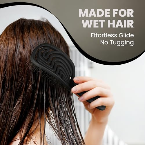 Walcora Black Detangler Brush for Wet & Dry Hair - Pain-Free, Gentle Hairbrush for Women, Men & Kids