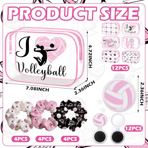 36 Pcs Pink Volleyball Gifts for Girl 12 Pink Volleyball Makeup Bag Bulk Cosmetic Bag Sport Team Gifts with 12 Sport Hair Scrunchies 12 Round Portable Folding Brush Mirror for Team Party