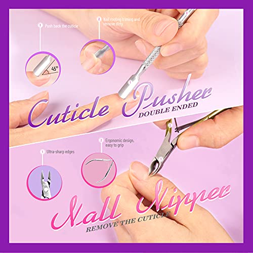 Teenitor Nail Gel Polish Dipping Powder Remover Tools Kit with Nail Clips Nail Remover Pads Cuticle Oil Nail Brushes Nail File Buffer Block Nail Clipper Cuticle Peeler Scraper Pusher and Cutter Purple