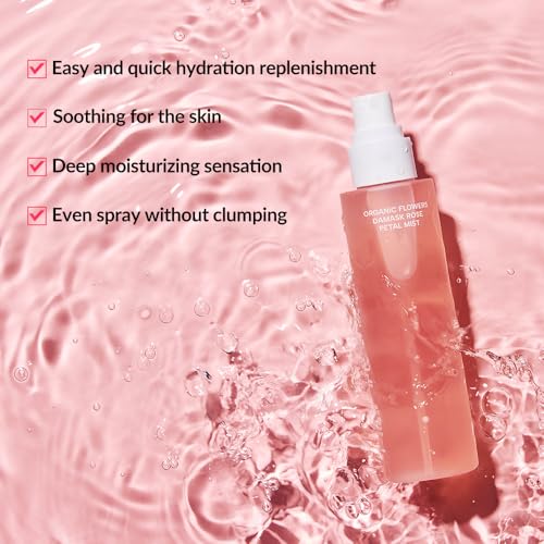 Whamisa Organic Flowers Damask Rose Petal Mist, Facial Mist Spray, Waterless Formula, Fermented Ingredient Formula, Hydration, Portable, Korean Skin Care (100ml)