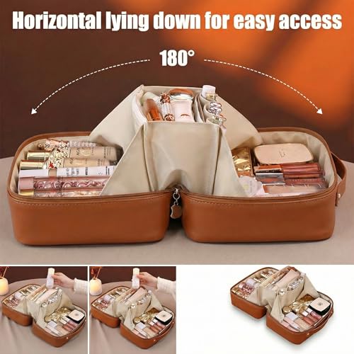 AUCCNT Brown Travel Makeup Bag - Large Capacity Waterproof Cosmetic Organizer