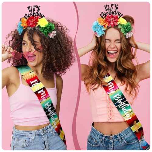 Hoteam 2 Pcs Headband and Sash Mexican Flower Crowns Cinco de Mayo Satin Sash Fiesta Birthday Tiara Crown for Women
