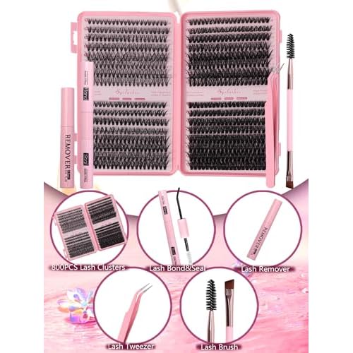 Lash Clusters Kit 640 Pcs, Eyelash Clusters Extensions Kit with Bond Glue & Remover, 9-16mm Individual Lashes D Curl Fluffy Wispy False Eyelashes (30D+40D+50D+60D Kit)