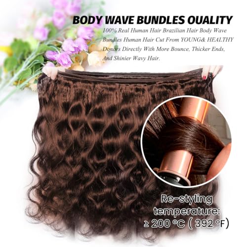 ALLRUN Brown Body Wave Human Hair Bundles 12-18 Inch, 4 Bundles with Closure, Brazilian Virgin Hair, Color 4# (Variation: 16 Inch)