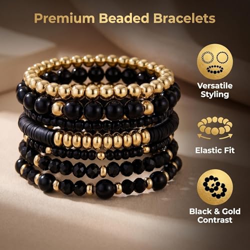 Bohemian Stackable Beaded Bracelets for Women - Black