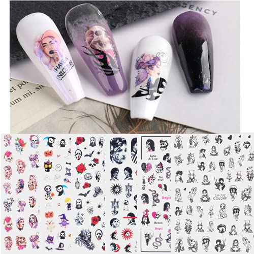 6 Sheets Halloween Nail Art Sticker Decals Funny Skull Pumpkin Ghost Snake Rose Character Image Nail Decals 3D Self-Adhesive Design Manicure Accessories DIY Nail Decoration Supplies for Women Girls