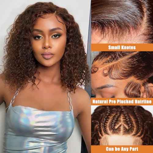 DJFG Deep Wave Lace Front Wigs Human Hair Curly Wig Human Hair HD Frontal 200 Density 13x6 Lace Brown 12 Inch